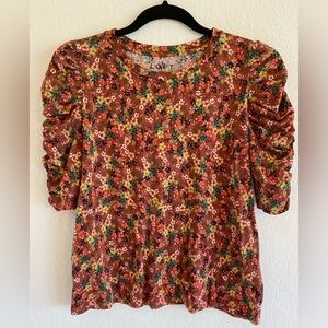 Loft | Floral Crew Neck Puff SleeveTop, Size M
